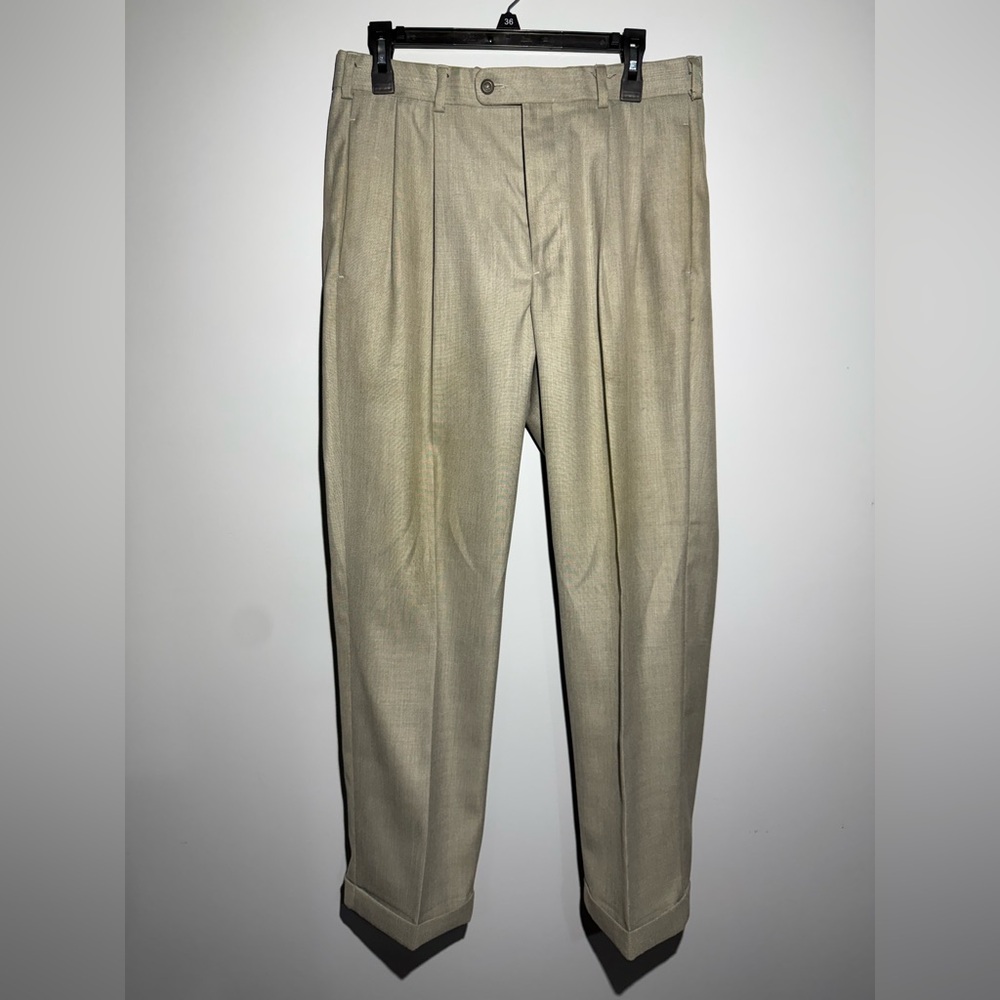 Perry Ellis Tan Dress Pants with Front Pleats and Cuffed Hem